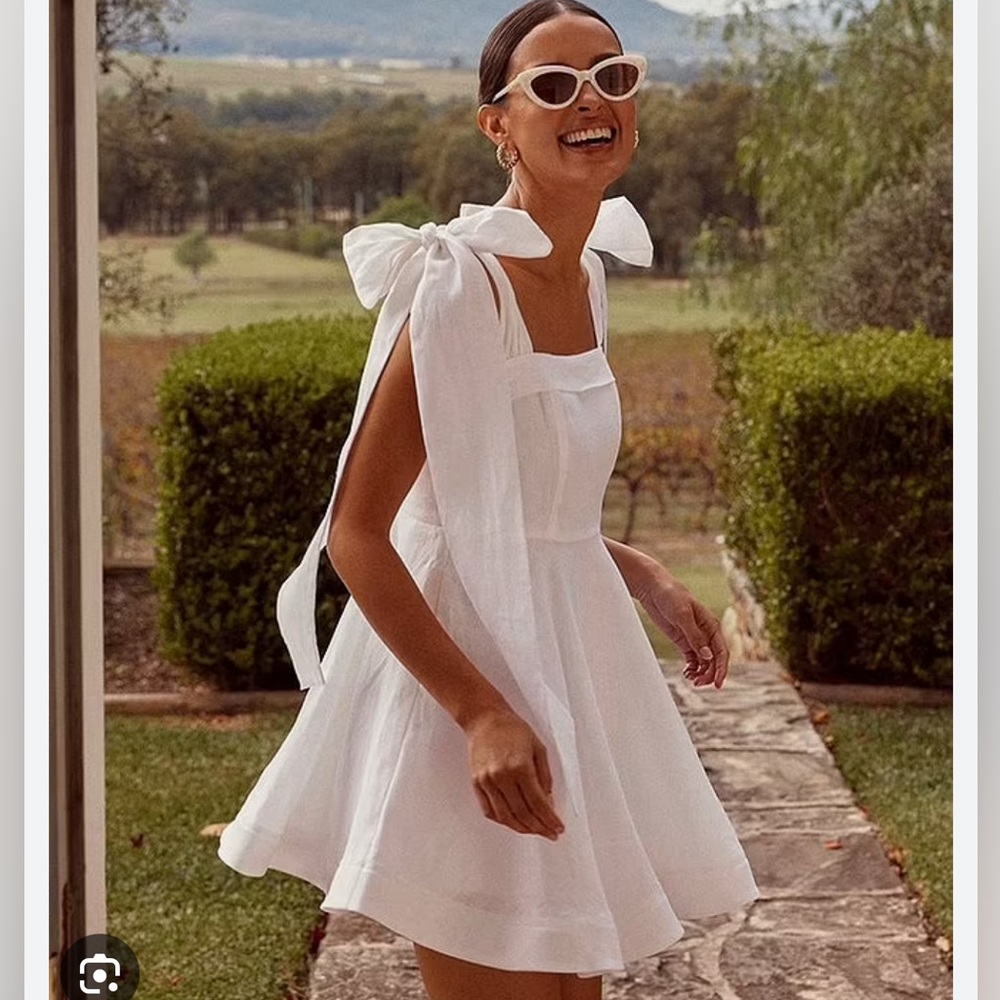 Dissh White Linen Bow Mini Dress - bridal